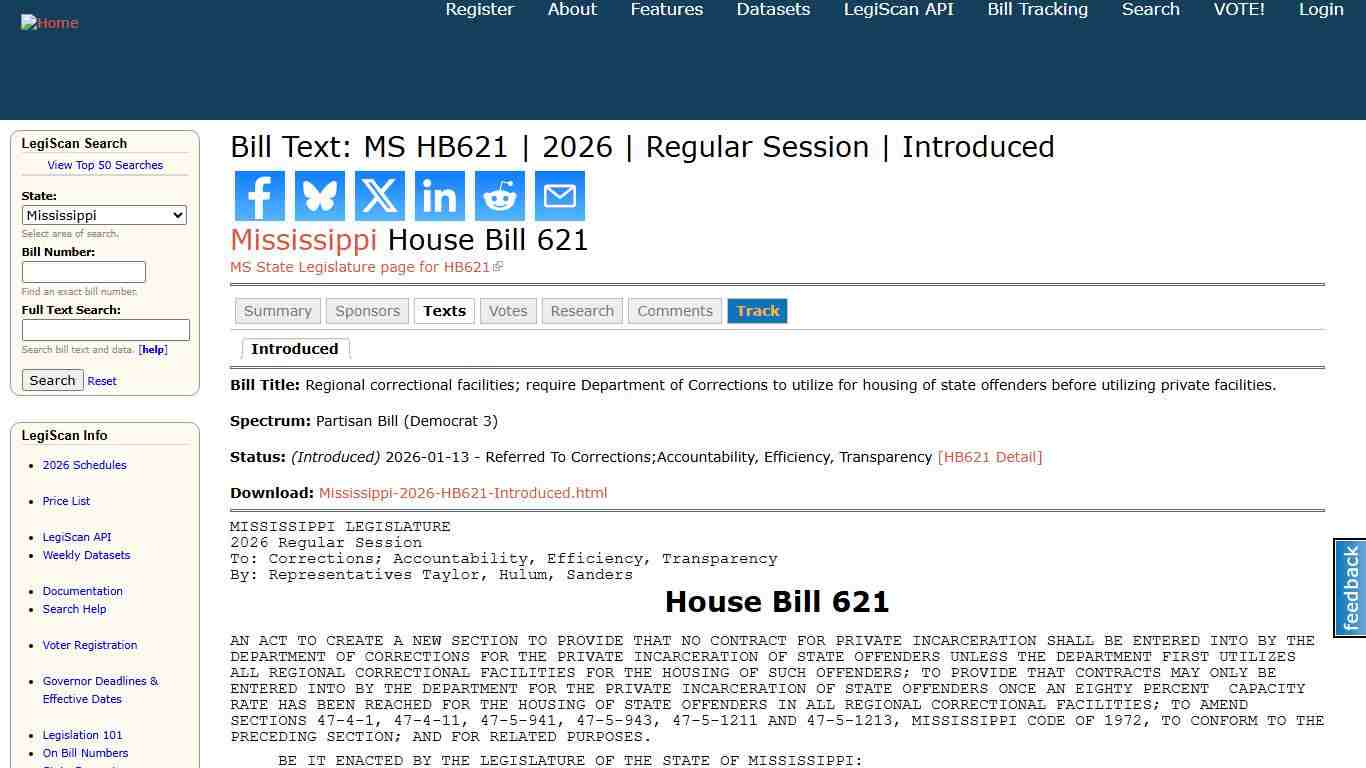 Bill Text: MS HB621 | 2026 | Regular Session | Introduced | LegiScan