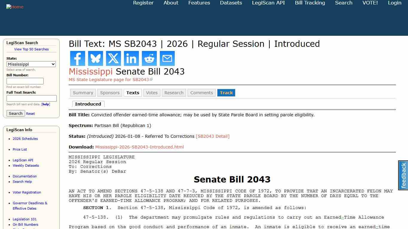 Bill Text: MS SB2043 | 2026 | Regular Session | Introduced | LegiScan